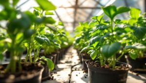 Eggplant and bell pepper seedlings: start these warm-season crops in a greenhouse eight weeks before last frost