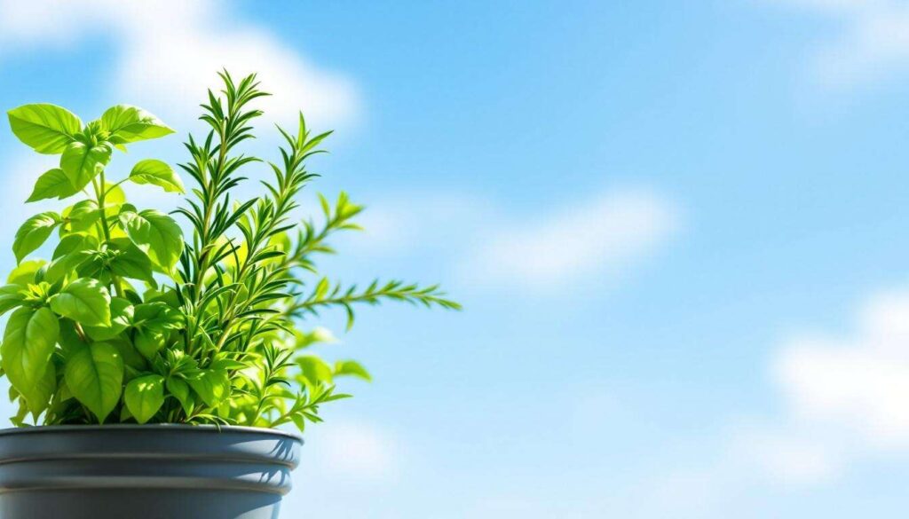 Basil, rosemary and thyme in a planter: grow fresh aromatic herbs on a sunny balcony starting in March