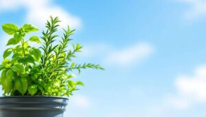 Basil, rosemary and thyme in a planter: grow fresh aromatic herbs on a sunny balcony starting in March