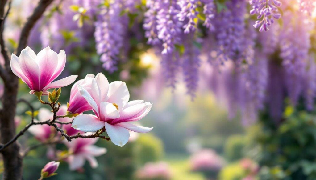 Magnolia and wisteria: these flowering trees and vines bloom in early spring before the leaves emerge