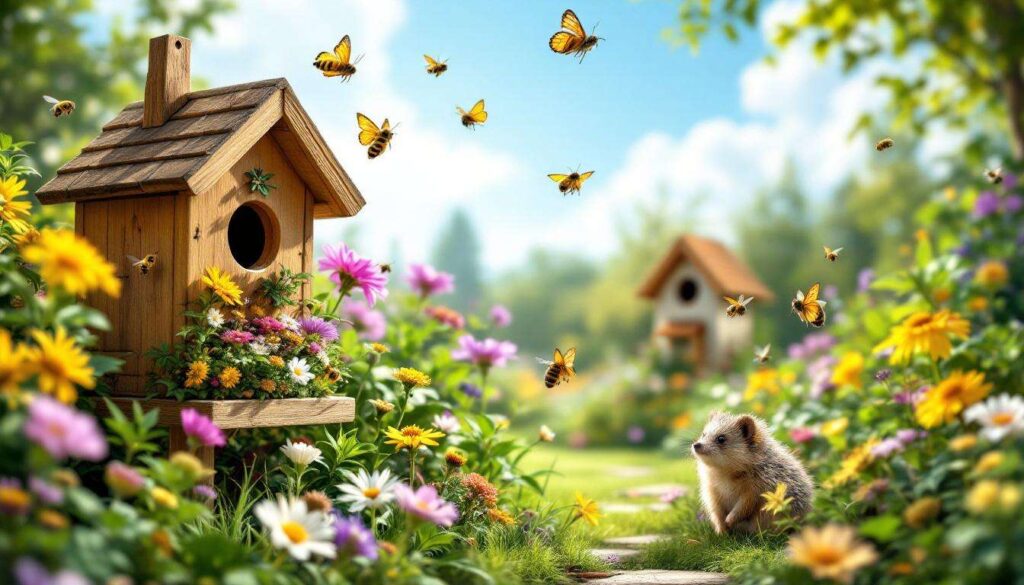 Insect hotel and birdhouse in the garden: attract bees, butterflies and hedgehogs to protect your crops